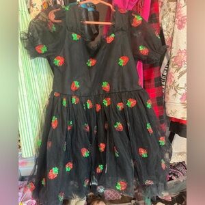 Lola + The Boys Black Tulle Dress with Red Strawberry Embroidery